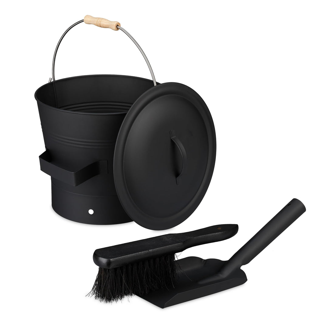 Relaxdays Ascheeimer mit Deckel und Kehrset, 7,5 L, inkl. Aschebesen & Kaminschaufel, Aschebehälter