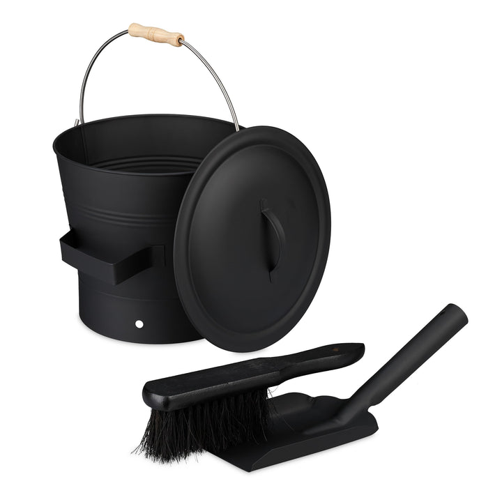 Relaxdays Ascheeimer mit Deckel und Kehrset, 7,5 L, inkl. Aschebesen & Kaminschaufel, Aschebehälter