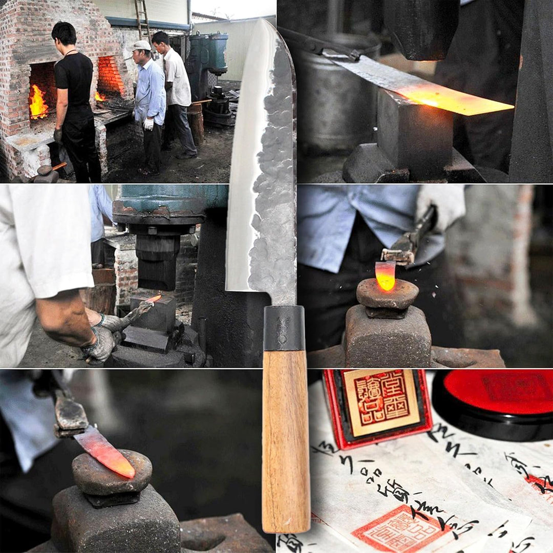 Chef Küchenmesser 18 cm - Japanisches Messer mit gehämmerter Stahlklinge 2.5 mm HCR Härte 58 - Profi