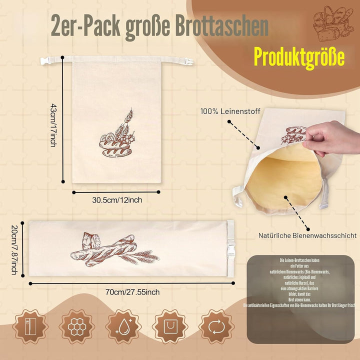 1 Stück 44 * 32,5cm Brotbeutel und 1 Stück 70 * 20cm mit Bienenwachstuch Innenfutter Wiederverwendba