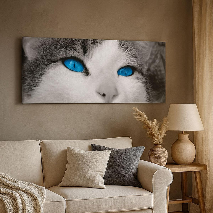 Wandbilder Dekoration Wohnzimmer Katze Tiere blaue Augen Panorama Bilder auf Leinwand 120x50cm Leinw