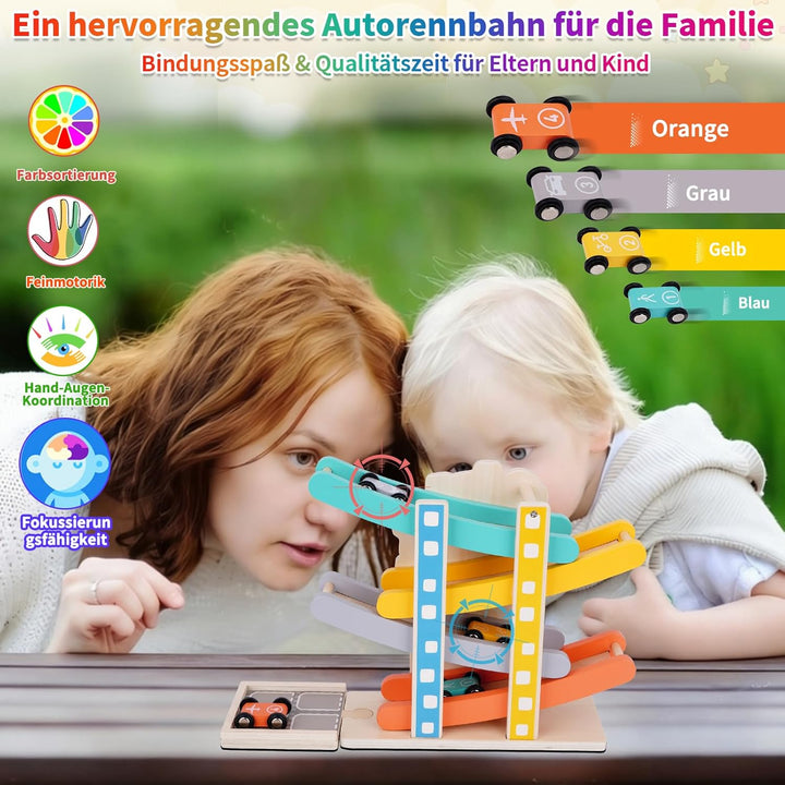 FCSONU Kinder Montessori Spielzeug ab 1-4 Jahre, Autorennbahn/Murmelbahn/Kugelbahn Holz ab 1 Jahr, K