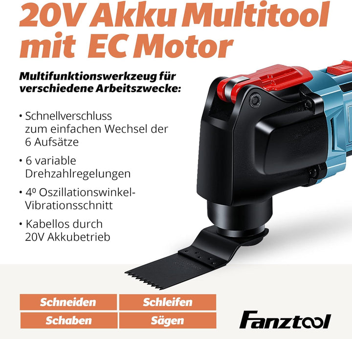 FANZTOOL 20V Akku Multifunktionswerkzeug mit EC-Motor, 3.2° Oszillationswinkel, LED-Beleuchtung, 6 G