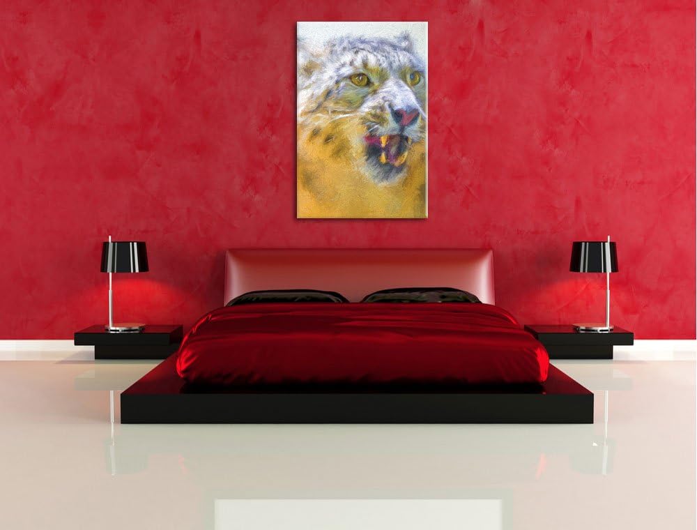 Schneeleopard zeigt Zähne Deluxe Format: 100x70 cm auf Leinwand, XXL riesige Bilder fertig gerahmt m