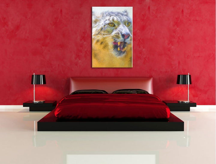 Schneeleopard zeigt Zähne Deluxe Format: 100x70 cm auf Leinwand, XXL riesige Bilder fertig gerahmt m