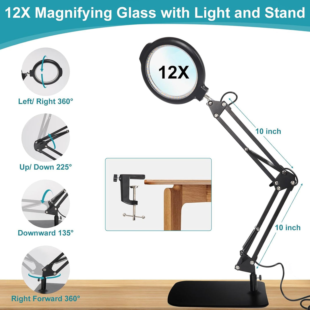 12 Fach Lupe mit Licht und Ständer, 5.2" Lupe mit 5 Farbmodi 10 dimmbare Helligkeit, 2-in-1-Schreibt