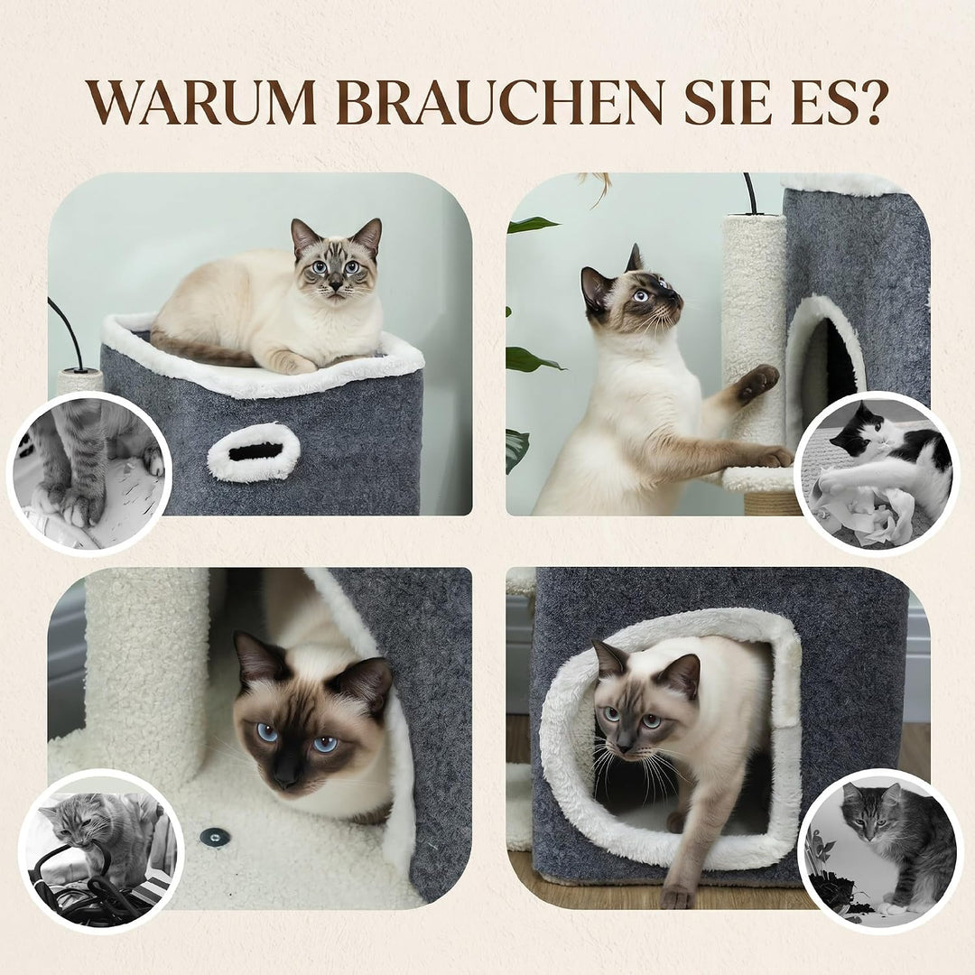 PawHut Kratzbaum 58 cm Kleiner Katzenturm mit Höhle Sisalstämme Grau | Plattform, 3 Plüschballen, Kl