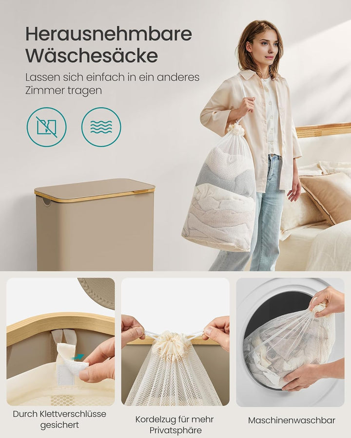 SONGMICS Wäschekorb mit Deckel, Wäschesammler mit 2 Fächern, 130 L, herausnehmbarer Wäschesack, Oxfo
