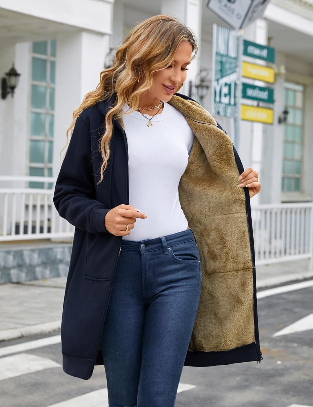 Nadeer Damen Mantel Plüschjacke mit Kapuze Lang Gefüttert Hoodies Plüsch Reissverschluss Mittellang