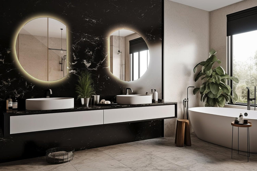 Tulup Rundes LED Warmlicht Badezimmer Make up Spiegel 70 cm mit abgeschrägten Kanten Spiegel halbrun