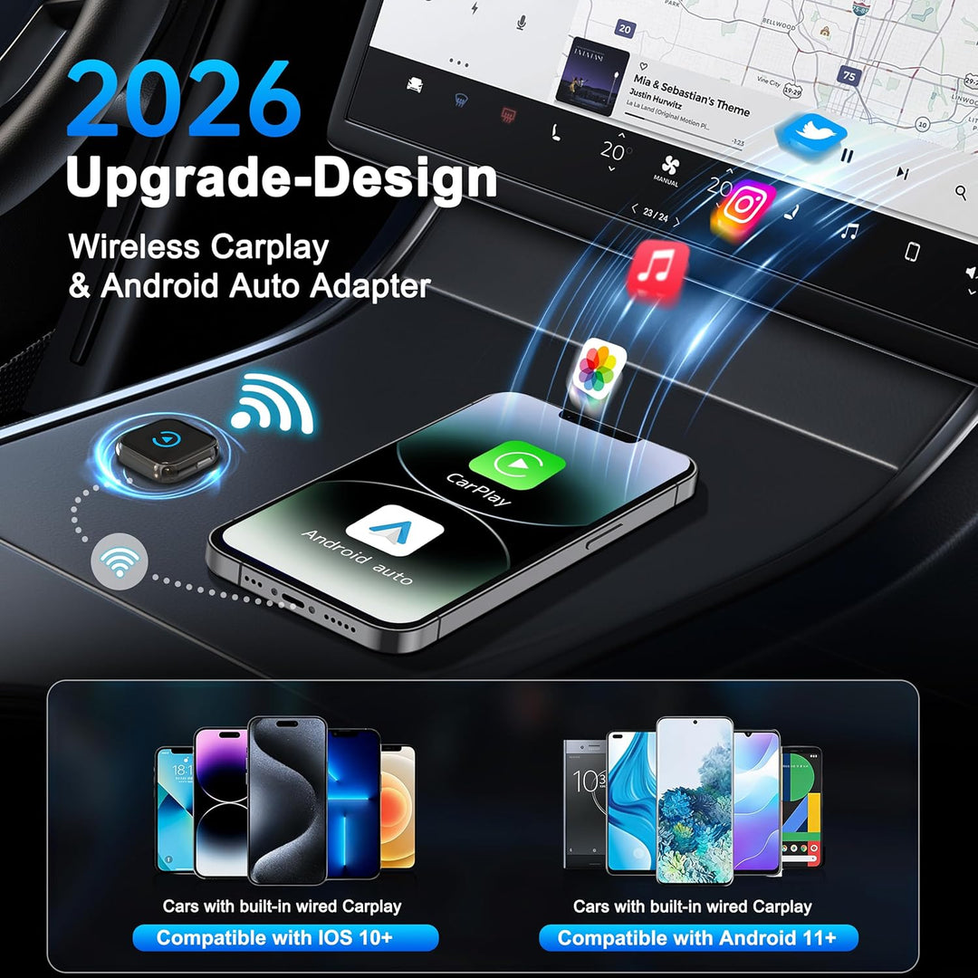 2026 Verbesserter 2-in-1 CarPlay Wireless Adapter mit Instant 2-Phone Switch für Apple CarPlay/Andro