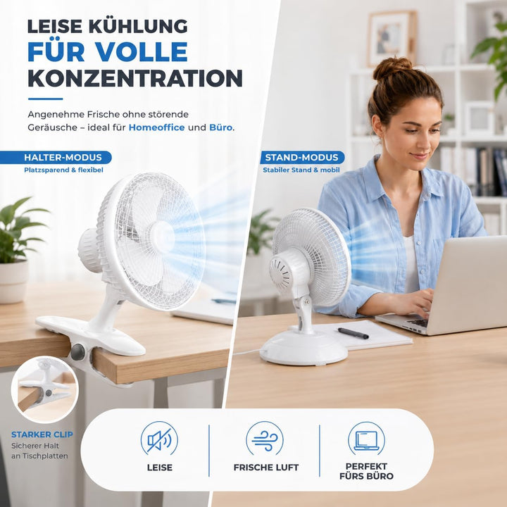 2 in 1 Leiser Tischventilator mit Clip & Ständer (20 cm) mit 90° Schwenkfunktion Ventilator – tragba