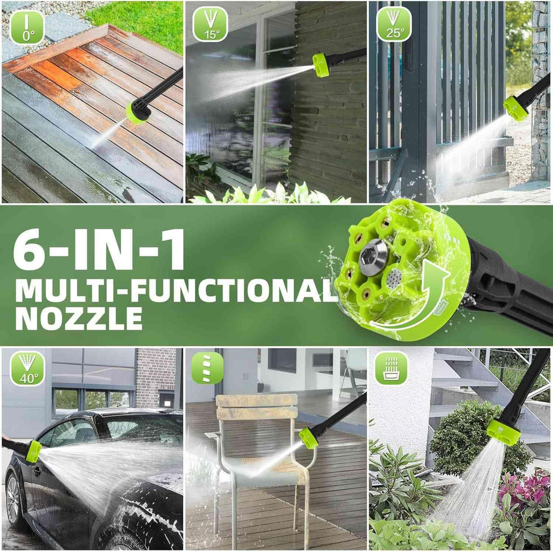 Hochdruckreiniger mit Akku, 120Bar, Kabelloser Hochdruckreiniger, 2 Akkus, 6-in-1-Multidüse und 5 m
