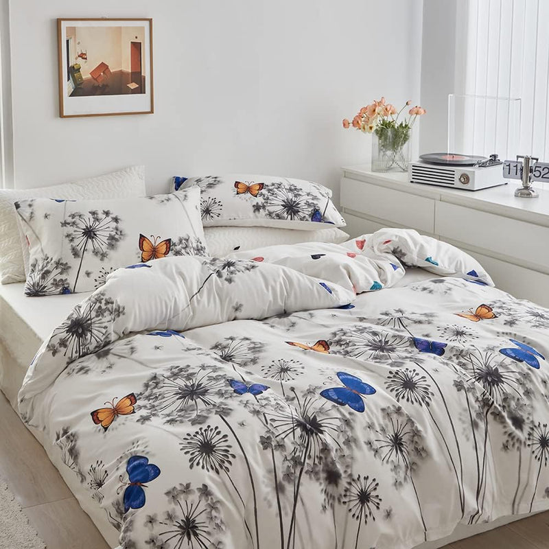 Löwenzahn Bettwäsche 200x220cm Blumen Pusteblume Blau Gelb Schmetterling Grau Weiss Bettwäsche Set M