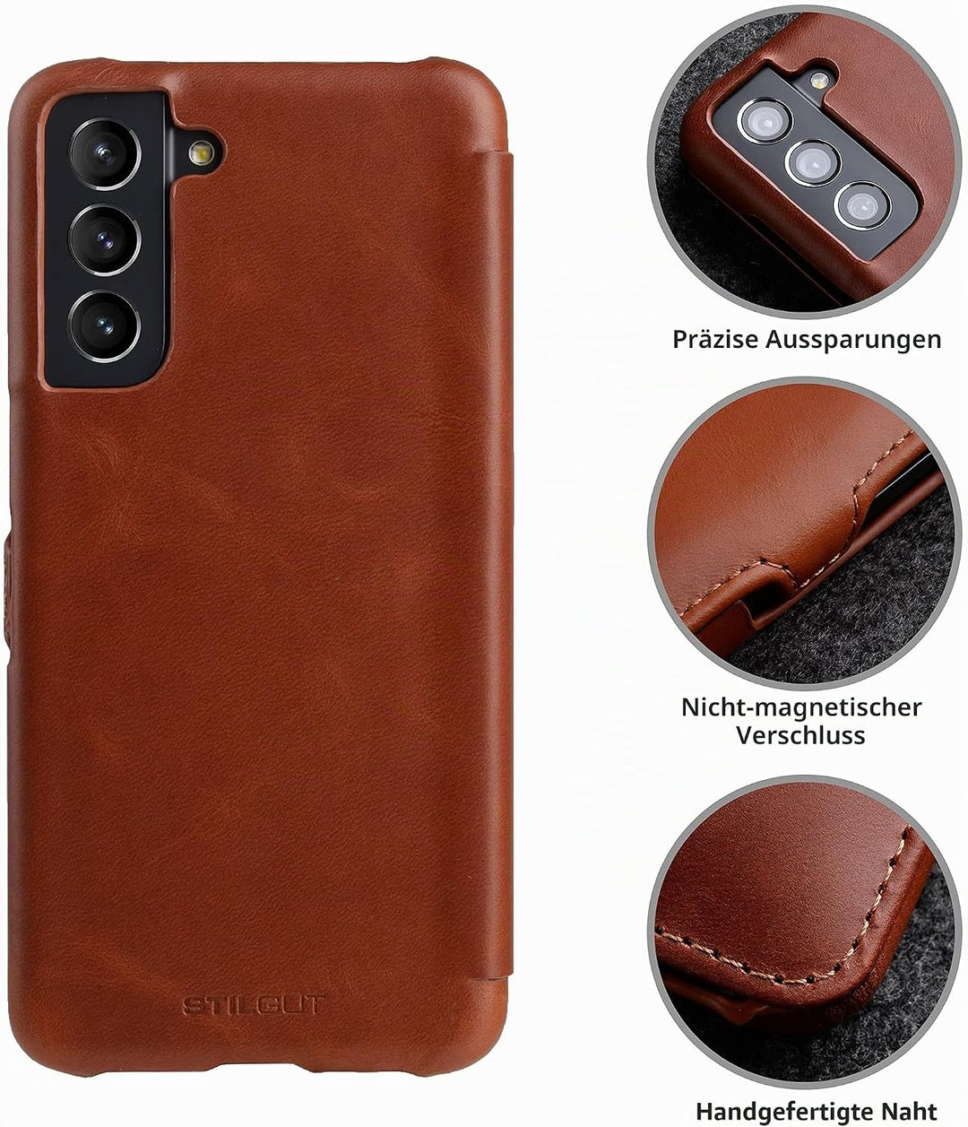 STILGUT Book Case kompatibel mit Samsung Galaxy S21 FE 5G Hülle aus Leder mit Clip-Verschluss, Leder