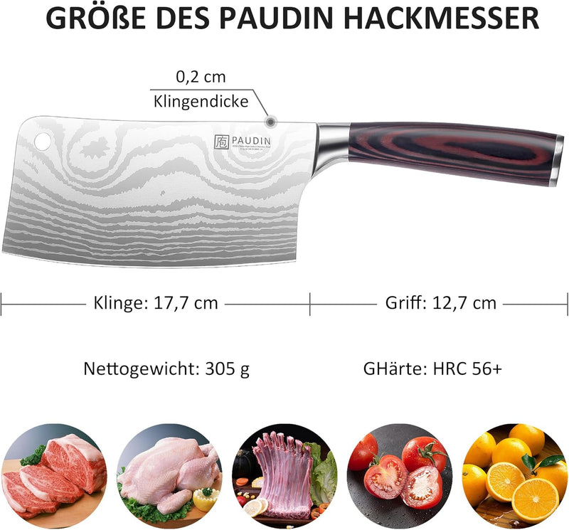 PAUDIN Hackmesser, Klingenlänge 17cm nariki Messer Hackmesser Kochmesser aus hochwertigem Edelstahl,