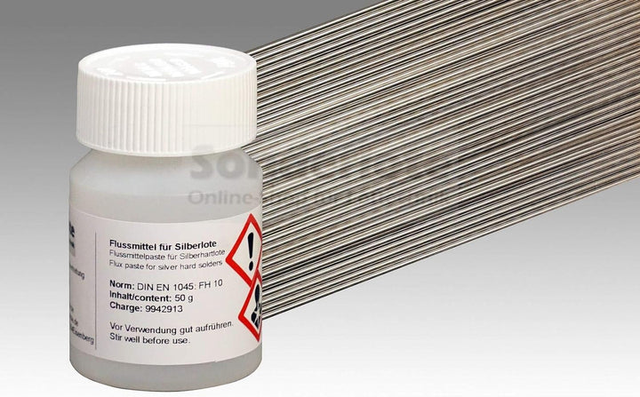 10 Lötstäbe Silberlot Abm. 1,0x500 mm Hartlot 45% Silber, AT 670 °C und 100 g Flussmittelpaste