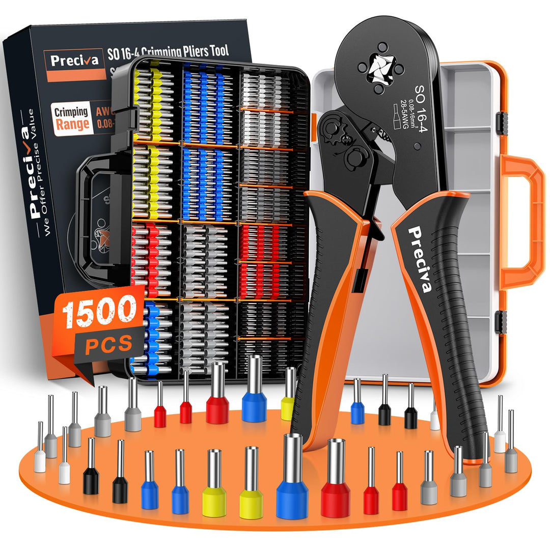 Preciva 0,08-16mm² Crimpzange Set mit Aderendhülsenzange Set 1500 Aderendhülsen Set bsteinstellend M
