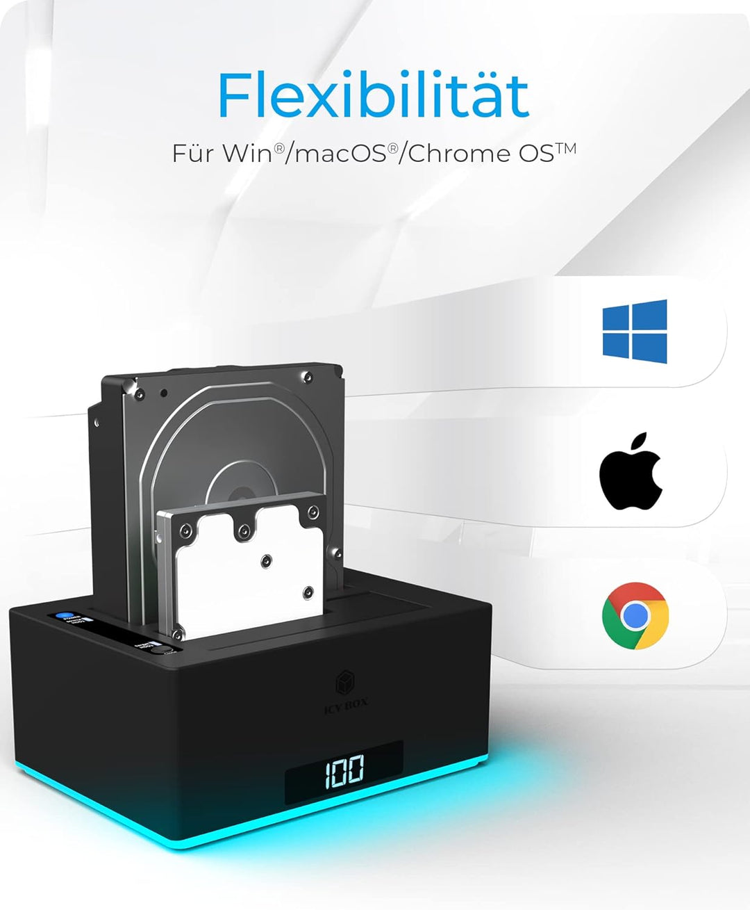 ICY BOX USB 3.0 2-Fach Festplatten Docking Station für 2,5" und 3,5" SATA HDD/SSD, RGB, Offline-Klon