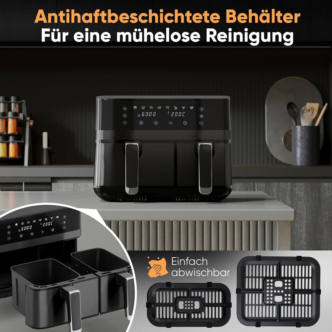 ProfiCook® Heissluftfritteuse mit Zeitgleich-fertig-System | 9 Liter | Heissluftfritteuse 2 Kammern