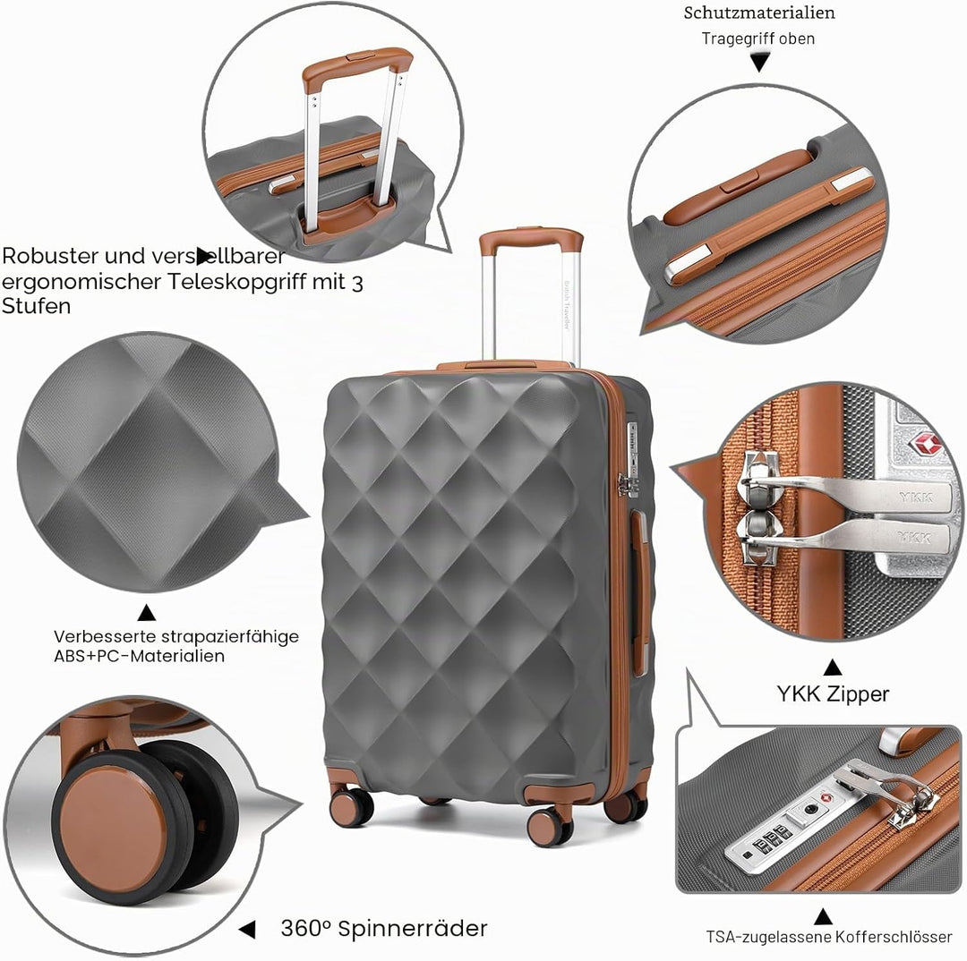 British Traveller Robustes ABS- und PC-Hartschalengepäck mit 4 Spinnrollen, TSA-Schloss, YKK-Reissve