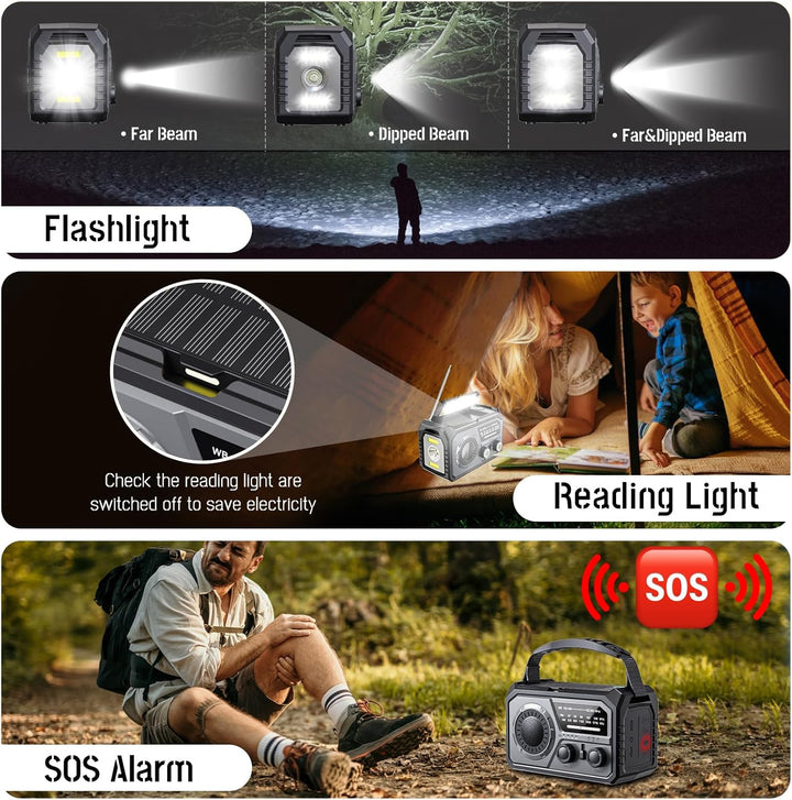 16000mAh Solar Radio,AM/FM Kurbelradio Tragbar USB Notfallradio mit 59200mWh Wiederaufladbare Batter