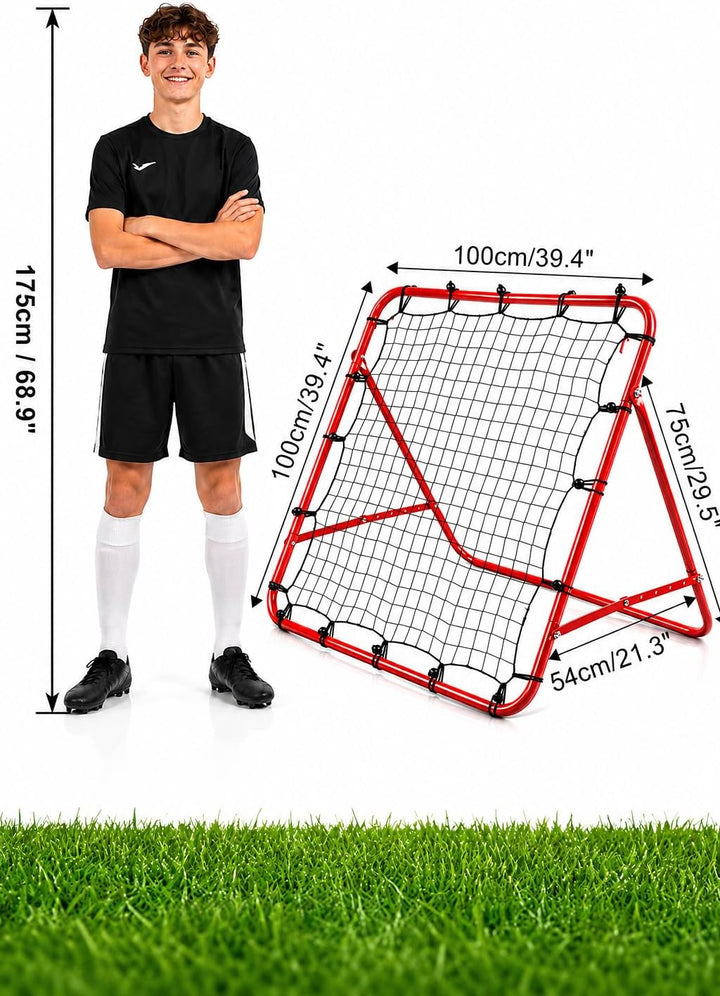Fussball Rebounder 100 x 100 cm, klappbar, verstellbar, mit Bodenankern | Stahlrahmen, robustes PE-N