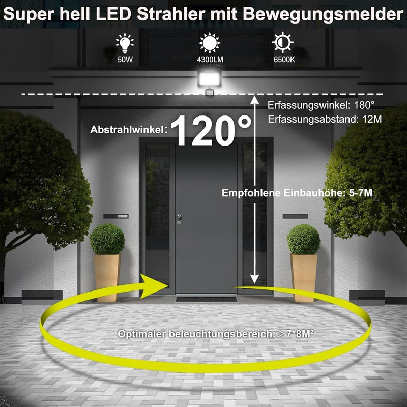MEIKEE 50W LED Strahler mit Bewegungsmelder 4700 LM 6500K Superhell LED Fluter mit Sensor IP66 Wasse