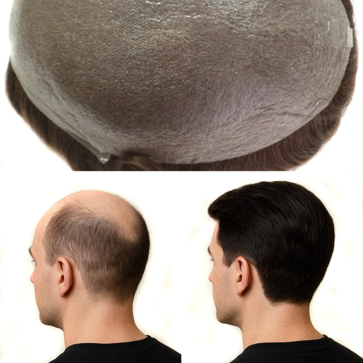 Hairnotion Maenner Haarteil Toupet Super dünne Haut Schwarz 1# Echthaar Perücke für Männer, 1#