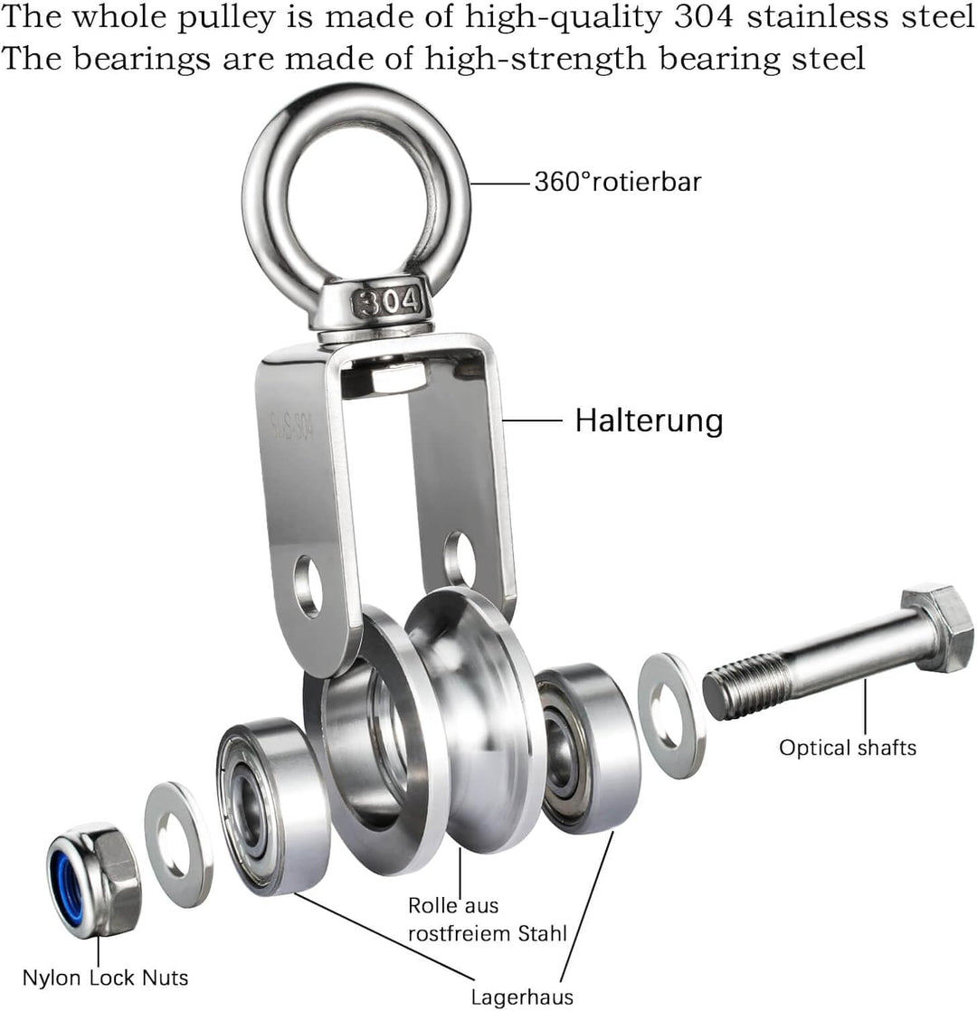 Umlenkrolle Edelstahl für Stahlseil, Seilrolle mit 2 Kugellager für 10mm seile, Tragkraft 500kg Outd