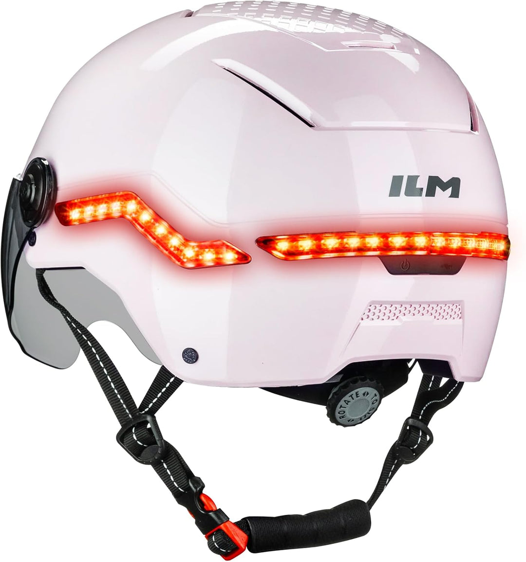 ILM Fahrradhelm Herren Damen mit Visier und LED Licht Beleuchtung Automatischem G-Sensor für Blinker