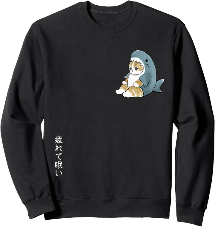 Entzückende Katze im Hai-Kostüm, müde und schläfrig, japanischer Text Sweatshirt