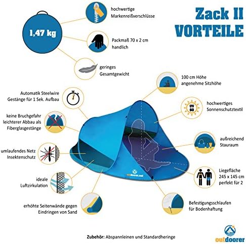 outdoorer Pop up Strandmuschel Zack II - Wurf-Strandmuschel mit UV-Schutz 60, Sonnenschutz und Winds
