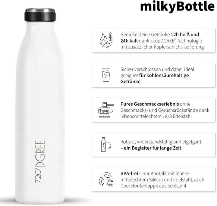 720°DGREE Edelstahl Trinkflasche “milkyBottle” - 750ml - BPA-Frei, Auslaufsicher, Kohlensäure geeign