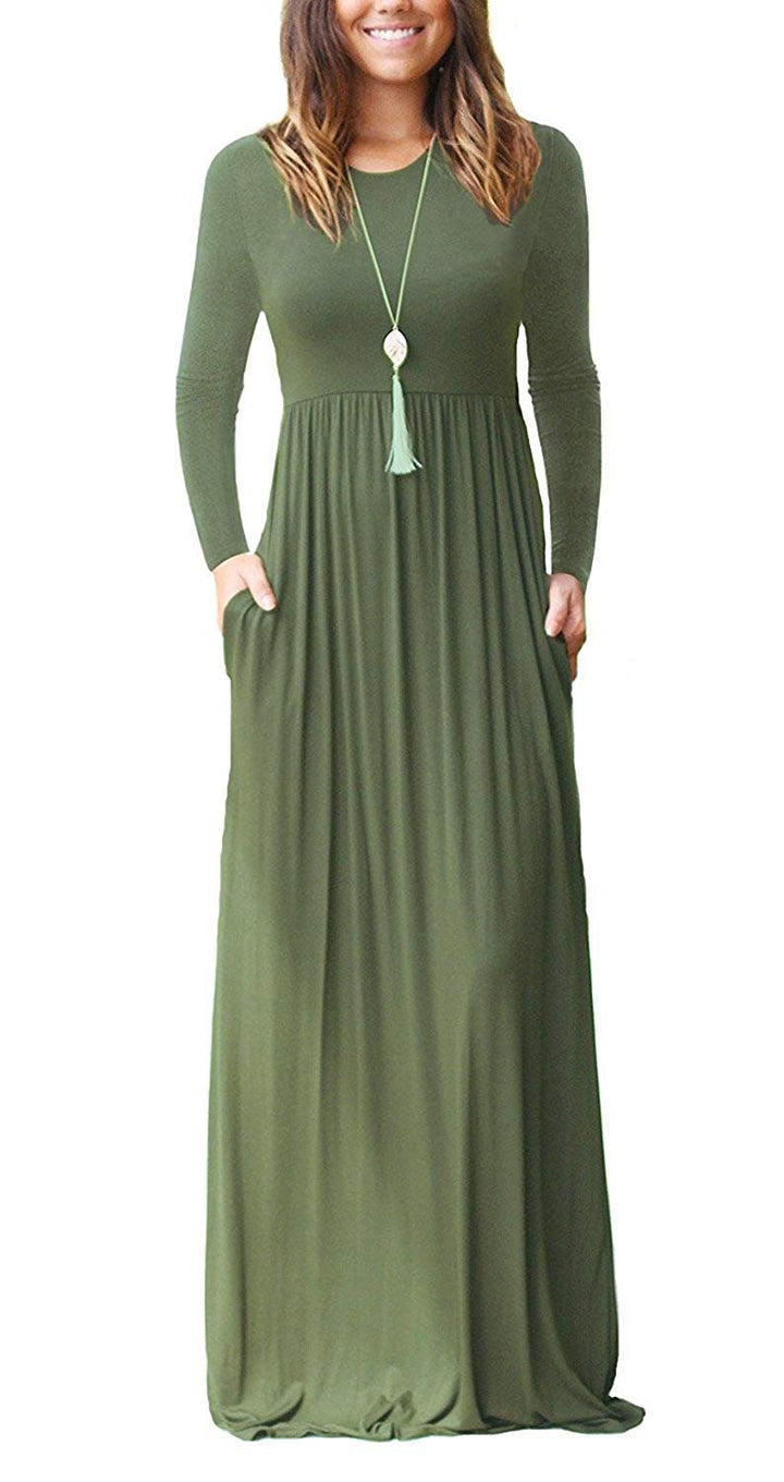 AUSELILY Damen Langarm Maxikleider Lässige Langkleider mit Taschen Winter S Armeegrün, S Armeegrün