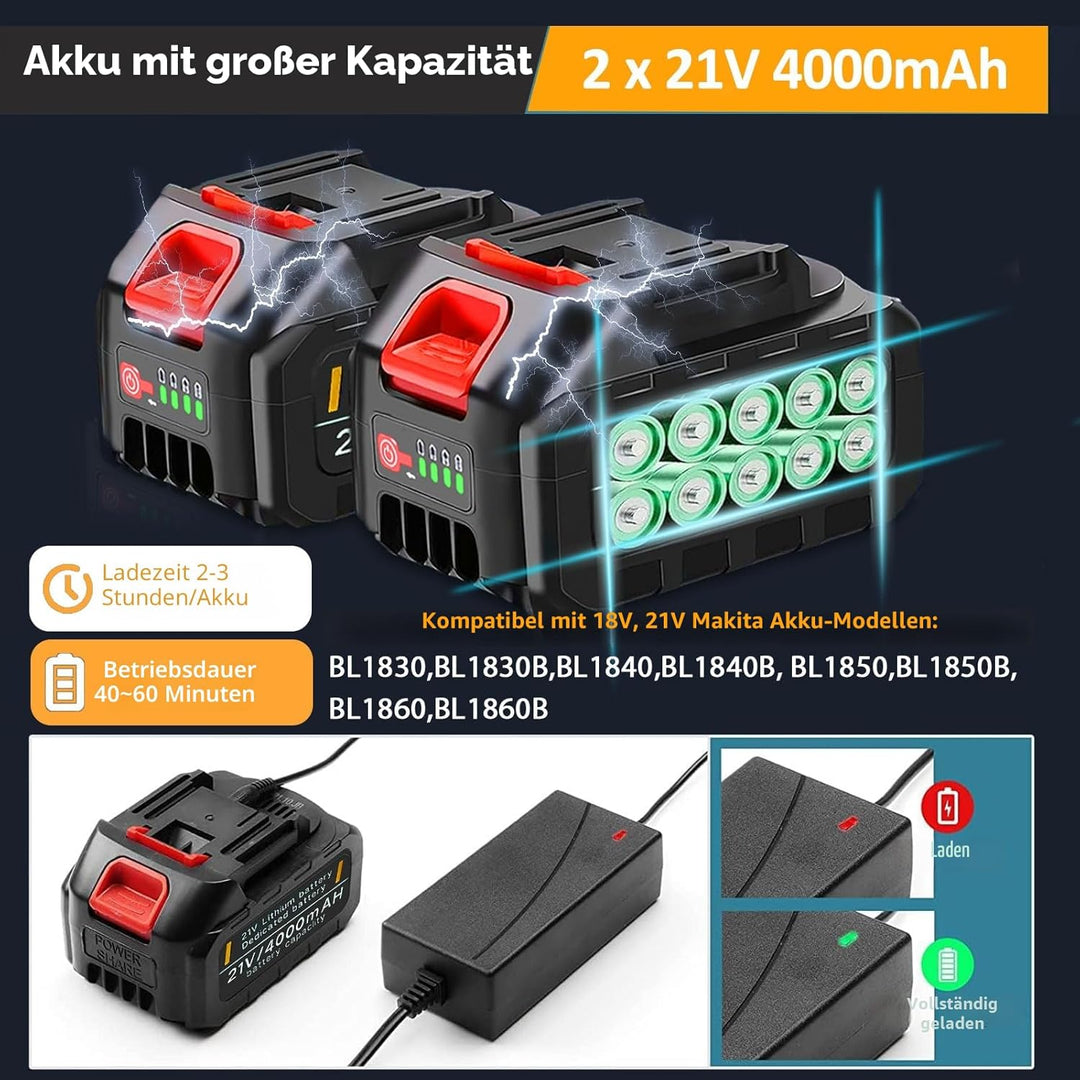 Akku Rasentrimmer mit Akku und Unkrautbürste 21V Freischneider Akku Elektro Motorsense mit 2X 4.0Ah