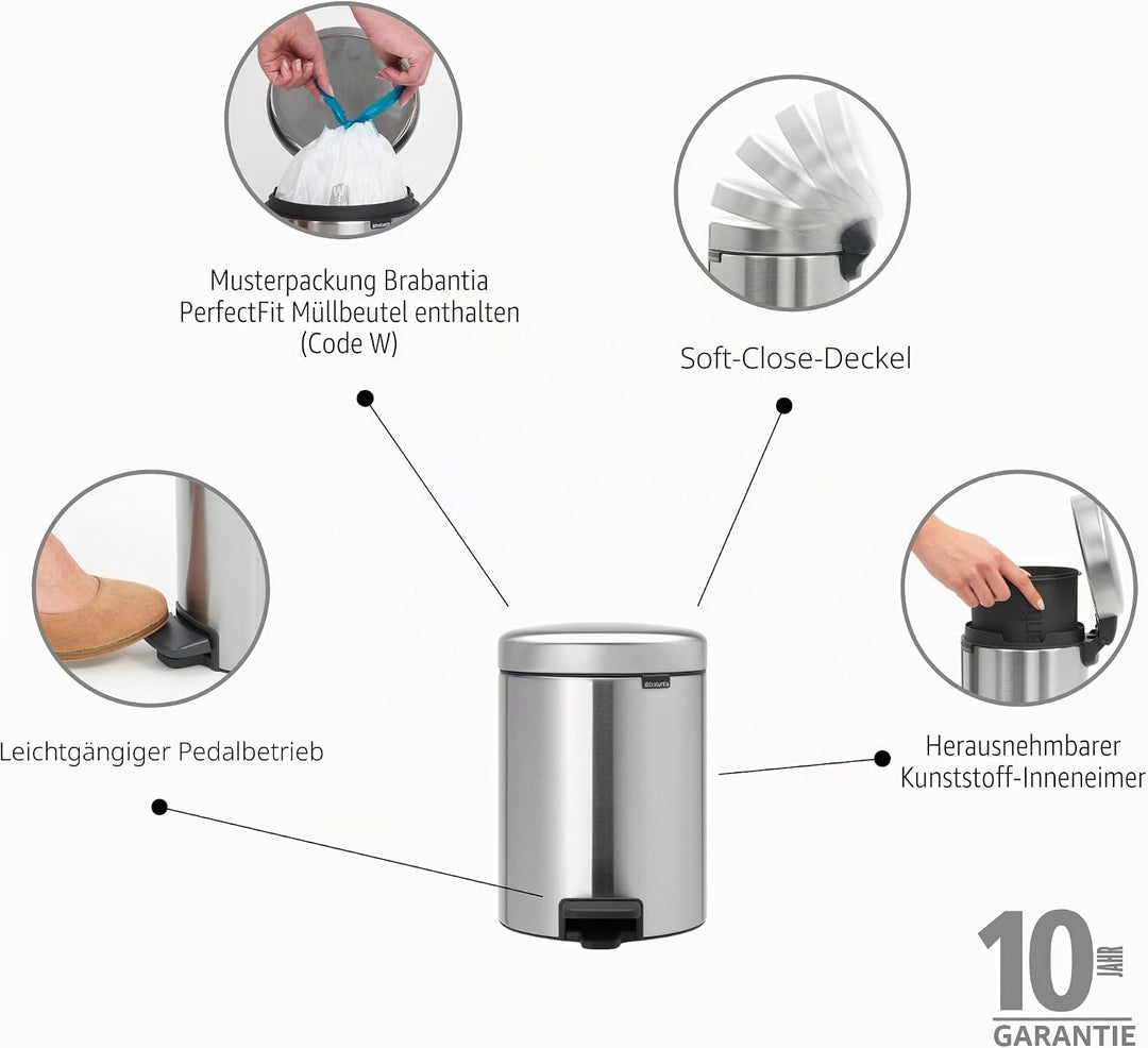 Brabantia 112102 Treteimer mit Inneneimer aus Kunststoff, stahl, Matt Stahl Fingerprint Proof, 5 Lit
