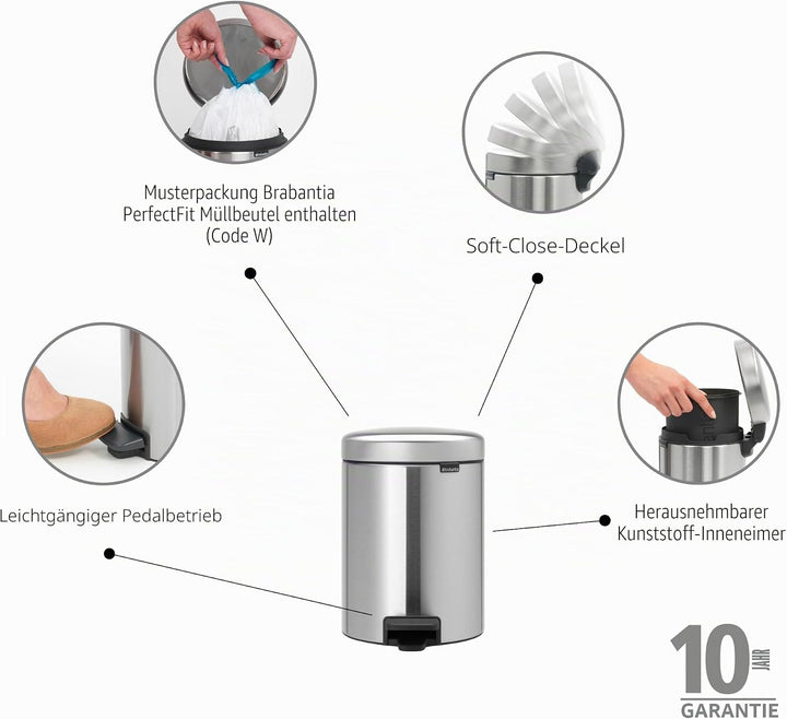 Brabantia 112102 Treteimer mit Inneneimer aus Kunststoff, stahl, Matt Stahl Fingerprint Proof, 5 Lit
