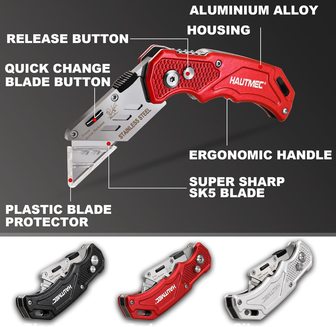 HAUTMEC 3er-Set Klappbares Universalmesser – Aluminium Cuttermesser mit Schnellwechselklinge, Sicher