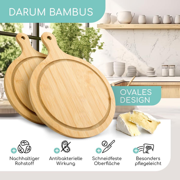 Schneidebrett Set Oval aus Holz, Holzbrett mit Griff I 2er Set Frühstücksbrettchen aus Bambus für di