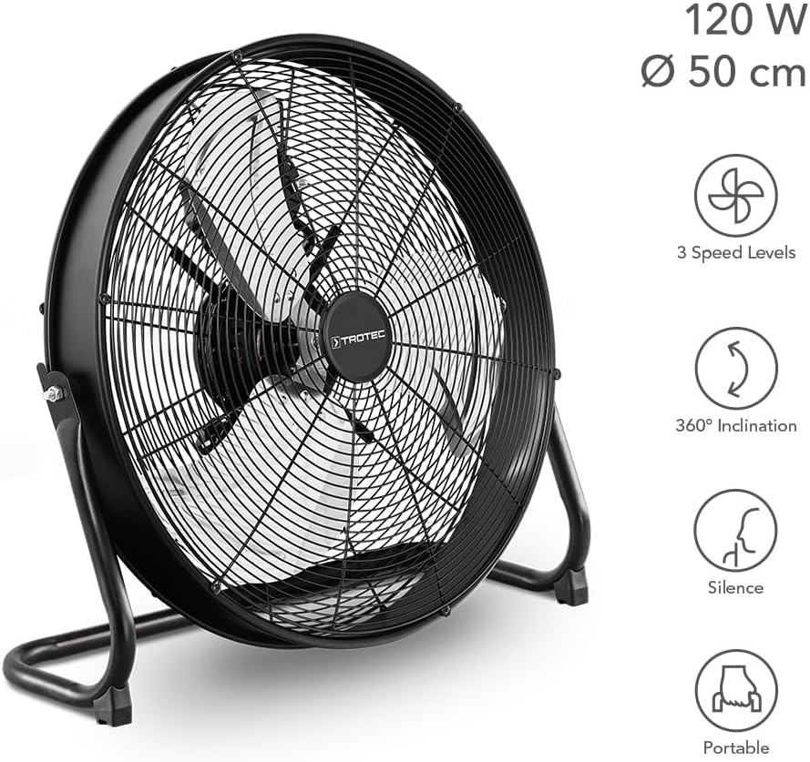 TROTEC Bodenventilator TVM 20 D – 120 Watt, Neigungswinkel 360°, 3 Stufen, Ø 50 cm, kippfester Stand