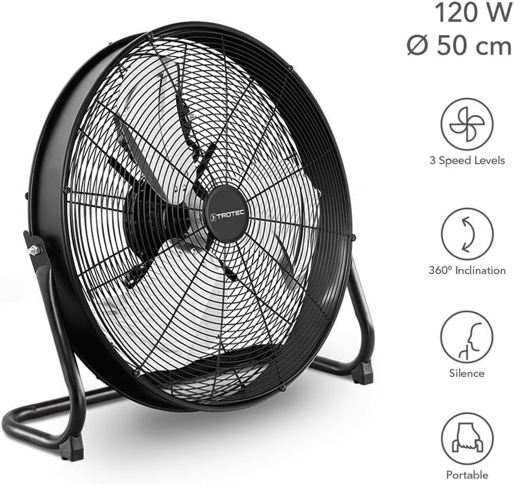 TROTEC Bodenventilator TVM 20 D – 120 Watt, Neigungswinkel 360°, 3 Stufen, Ø 50 cm, kippfester Stand