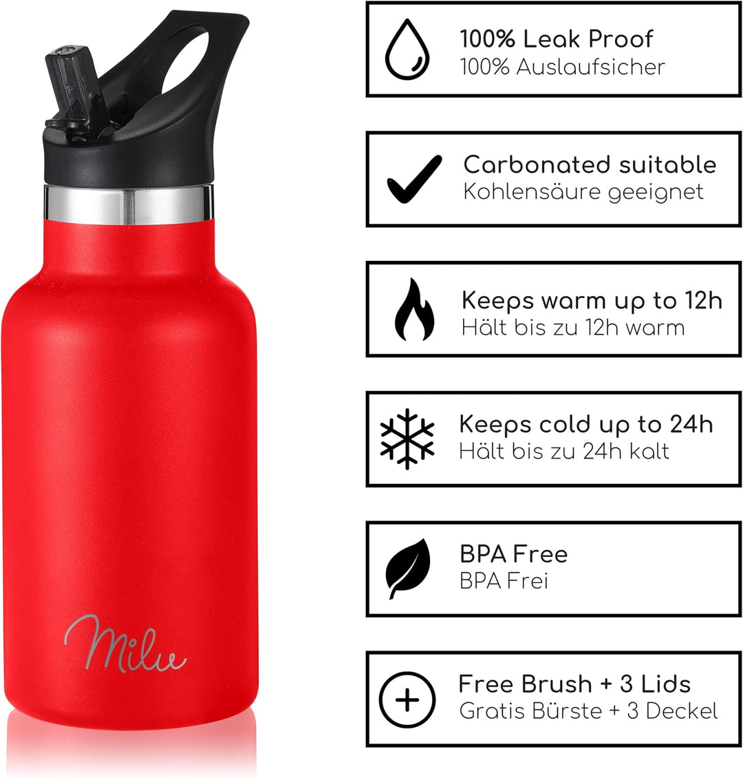 Milu Edelstahl Trinkflasche 350ml 500ml 750ml 1000ml (+3 Deckel) Thermosflasche mit Strohhalm Isolie