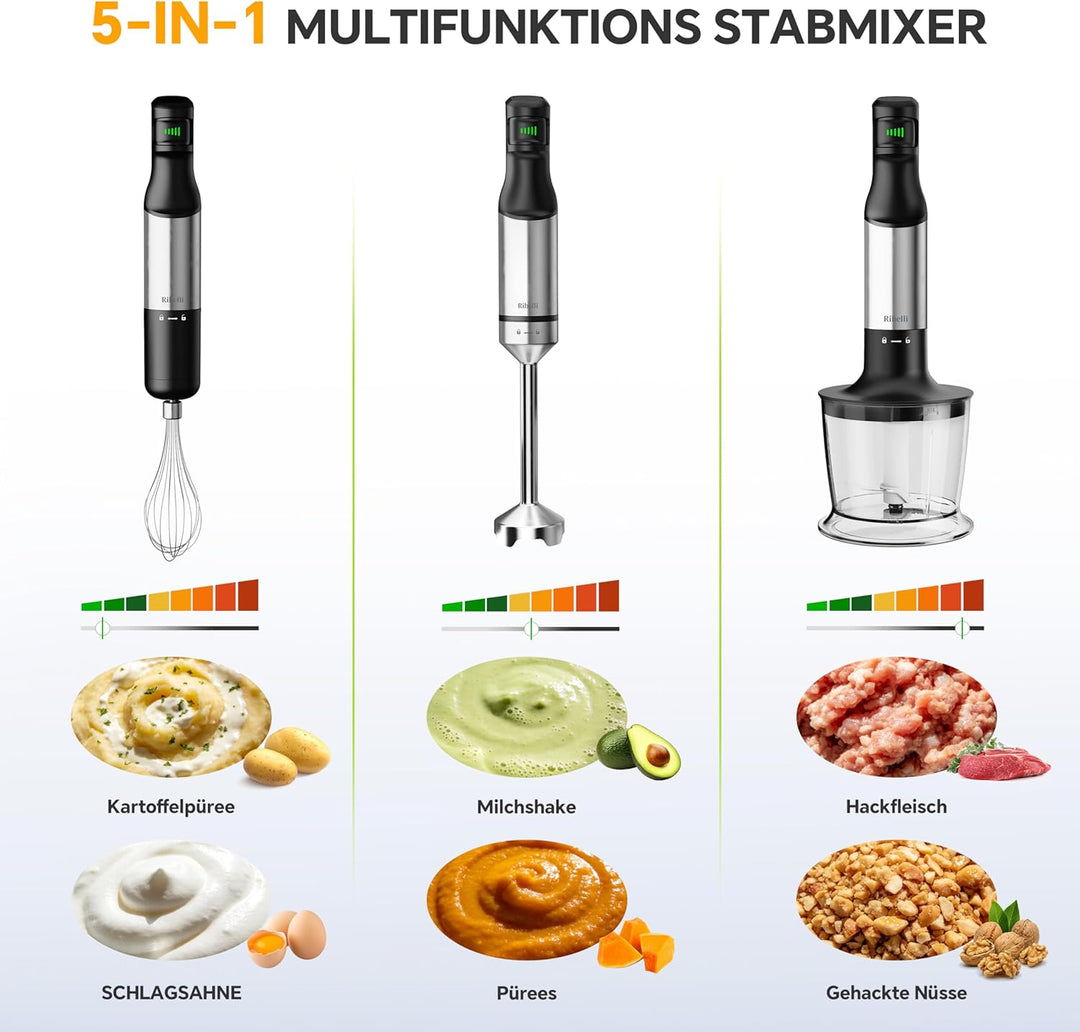 Ribelli Stabmixer Set 5-in-1 leistungsstark mit 1200W – Edelstahl Pürierstab stufenlos, Hand Blender