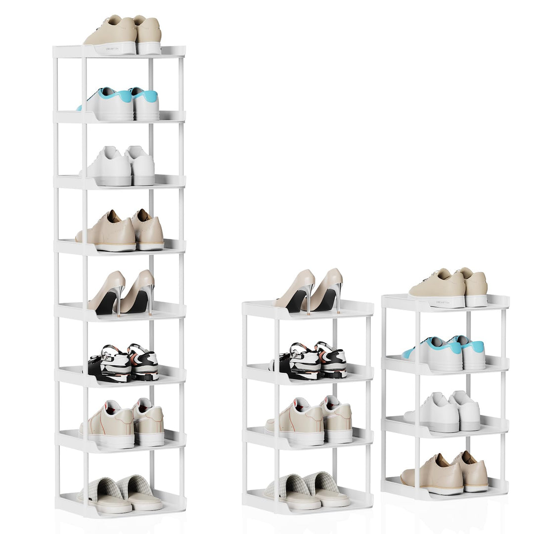 8 Ebenen Schuhregal Schmal und Hoch, Vertikales Schuhregale Stapelbar, Kleines Regal Platzsparend, E