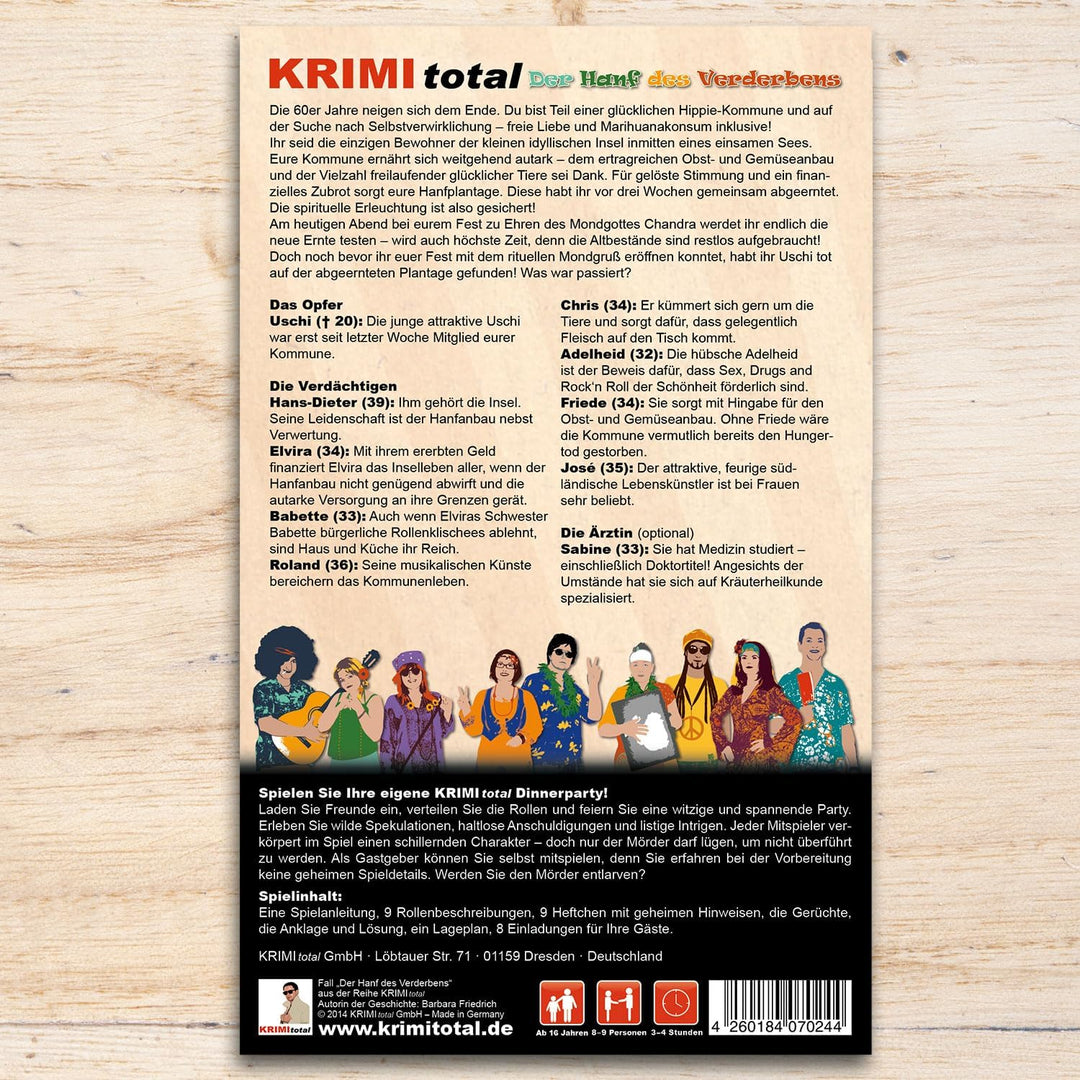 Der Hanf des Verderbens | Krimidinner für zu Hause | 8-9 Personen | Flowerpower, 60er Jahre
