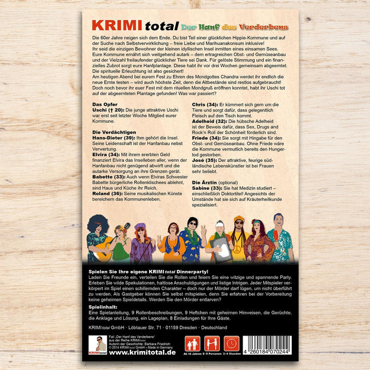 Der Hanf des Verderbens | Krimidinner für zu Hause | 8-9 Personen | Flowerpower, 60er Jahre