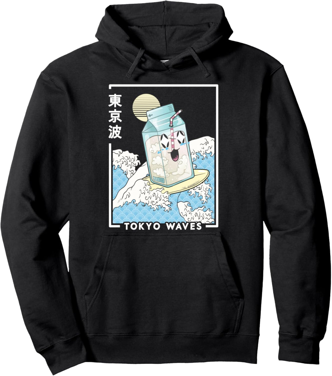 Happy Milk Carton Surfing Japanese Waves Kawaii Ästhetic Pullover Hoodie