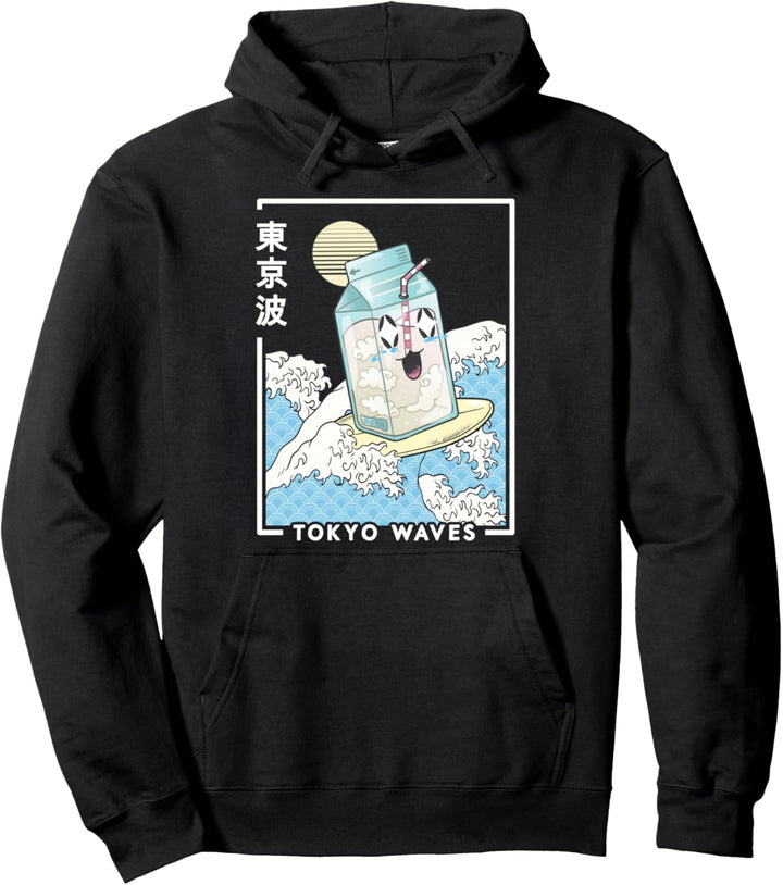 Happy Milk Carton Surfing Japanese Waves Kawaii Ästhetic Pullover Hoodie
