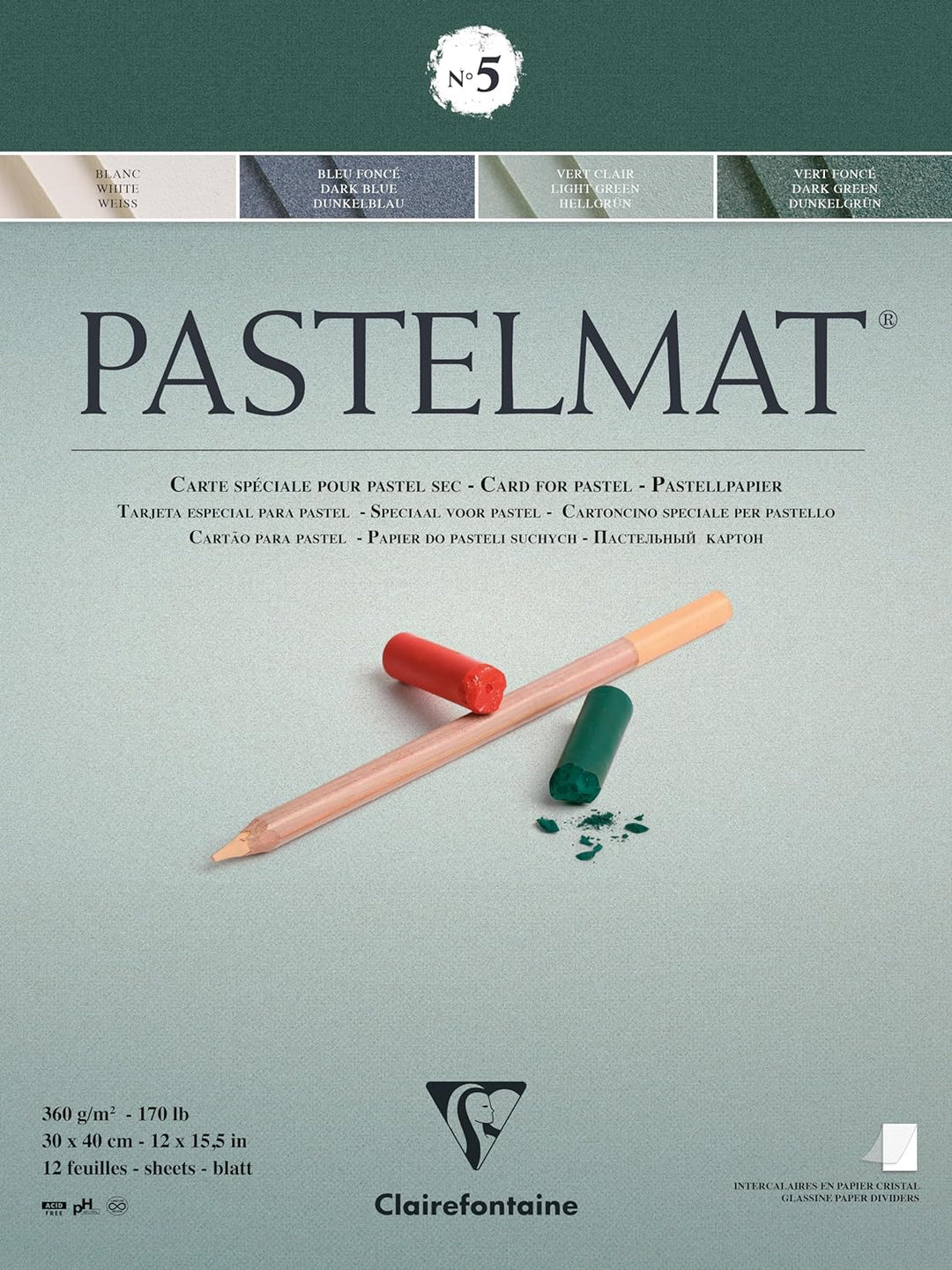 Clairefontaine 96115C Zeichenblock Pastelmat (12 Blatt, 30 x 40 cm, 360 g, mit 4 transparenten Trenn